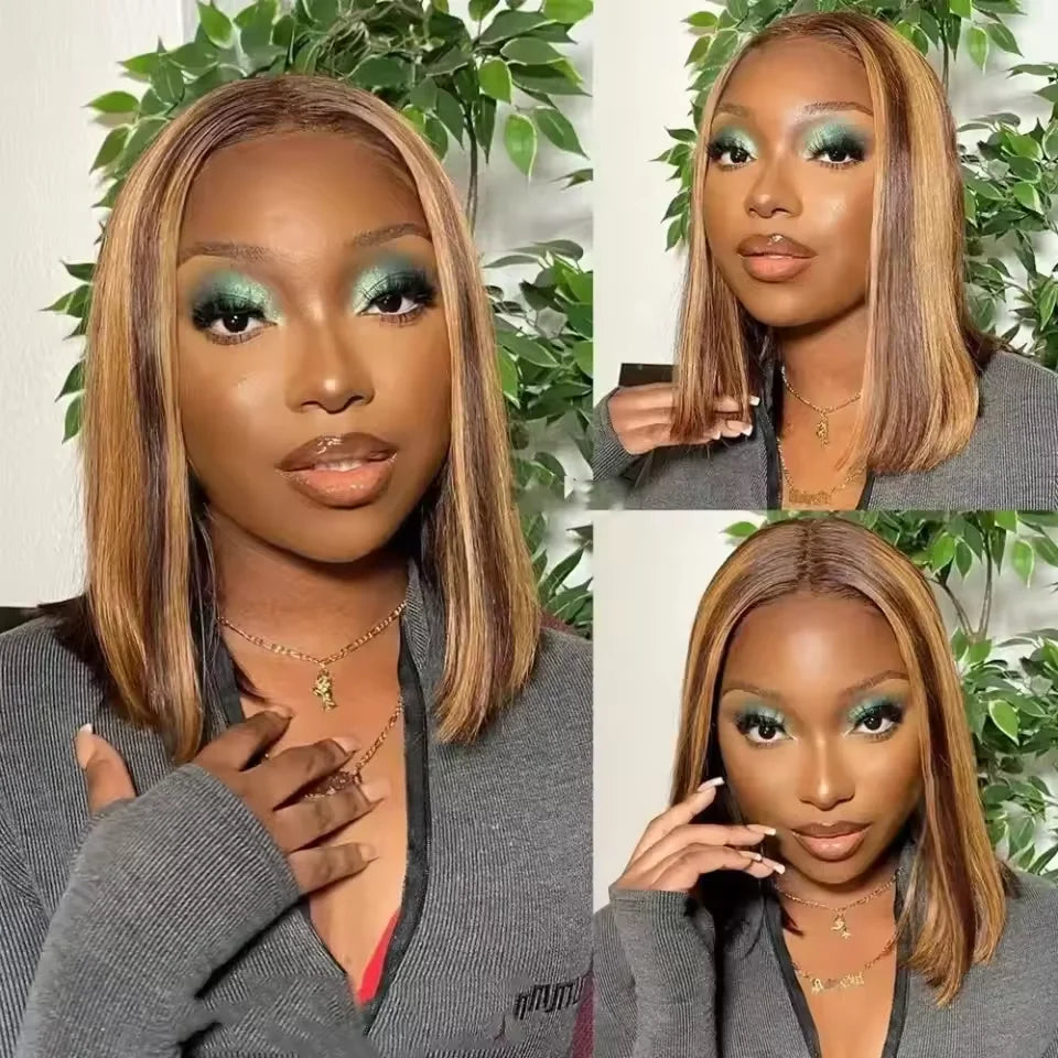 13x4 Straight Short Wig 4/27 Brown Blonde Pre Plucked Transparent  Lace Human Hair Bob Wigs Transparent Lace Human Hair Bob Wigs