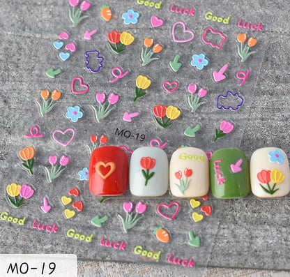5d Embossed Nail Art Stickers Golden Lines Semi-Transparent Purple Blue Flowers Decals Decorations For Nail Tips Manicures