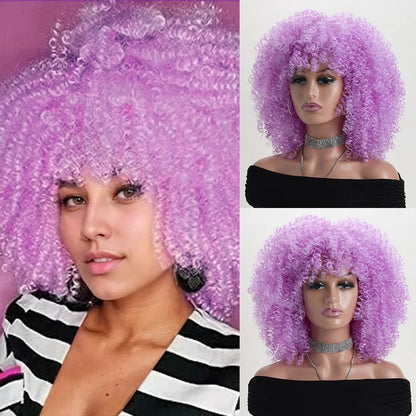 16 Inch Afro Kinky Curly Synthetic Hair Gradient Purple Wigs With Bangs Soft Fluffy Fiber  Wigs For Party Cosplay Daily Use