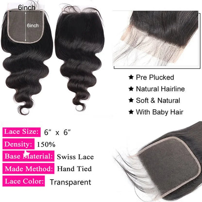 4x4 5x5 Body Wave Closure 6x6 Human Hair Lace Frontal Closure For Women Hair Extensions Swiss Lace  Brazilian Human Hair
