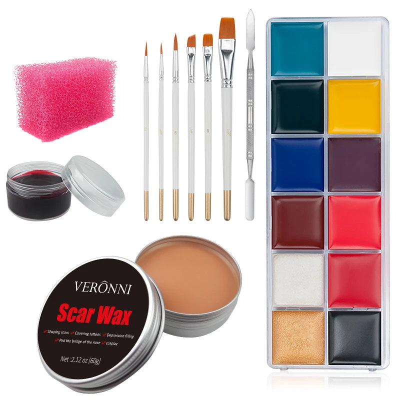 12/20 Colors Face Body Painting Fake Blood ,Halloween Professional Special Effects Makeup Kit with Wound Modeling Scar Wax