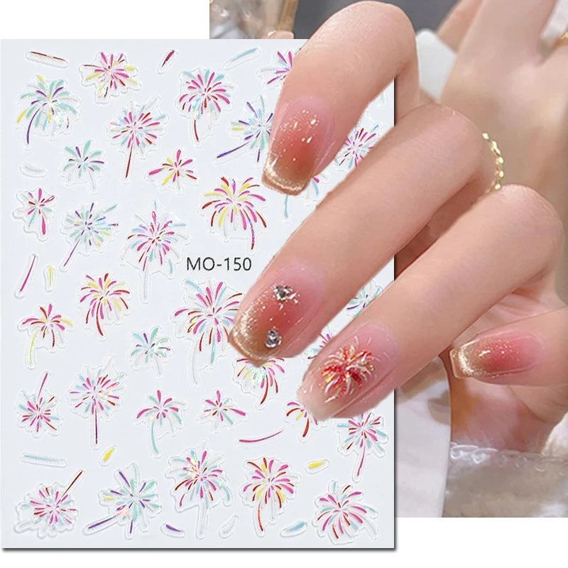 5d Embossed Nail Art Stickers Golden Lines Semi-Transparent Purple Blue Flowers Decals Decorations For Nail Tips Manicures