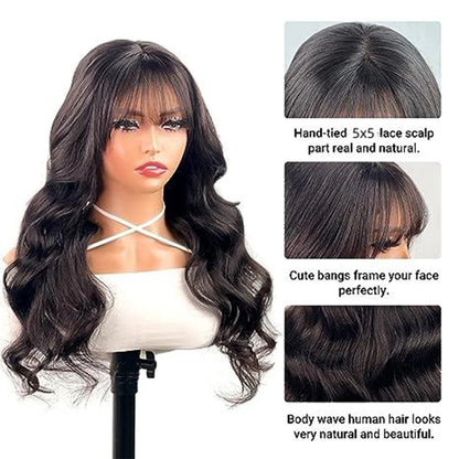 Alipearl Hair Body Wave Glueless Wig With Bangs 5x5 Lace Closure Wig Human Hair Ready To Go Wig