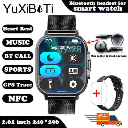 2025 Smart Watch 2 in 1 With Earphone Smartwatch Bluetooth Call NFC Men Watch GPS Track Heart Rate Monitor Play Music SmartWatch