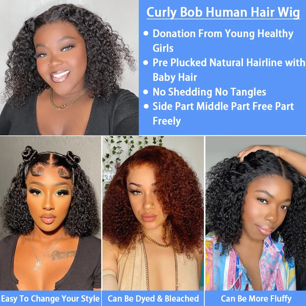 Short Bob Curly 13x4 Lace Front Human Hair Wigs Brazilian Virgin 100% Human Hair Deep Wave Bob Wigs 200% Density 4x4 Closure Wig