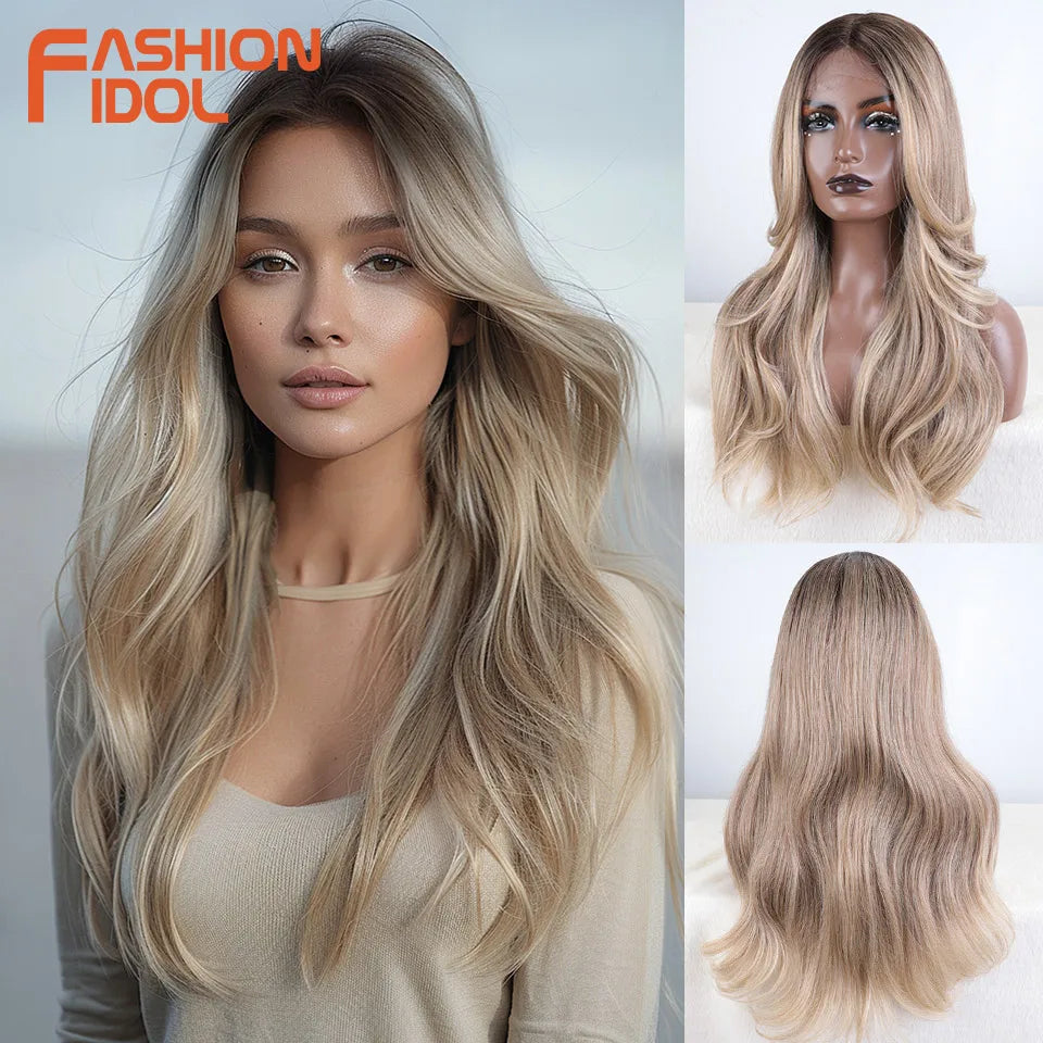 FASHION IDOL 24 inch Lace Front Wigs For Women Synthetic Wigs With Baby Hair Wigs Ombre Brown Blonde Straight Lace Wigs Cosplay