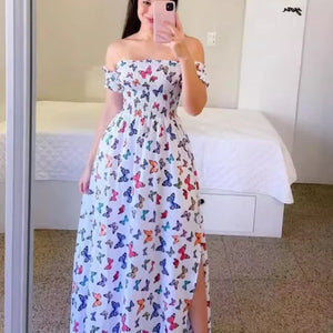 Elegant Off Shoulder Dress  Summer Fashion Dresses High Waist Flower Print Short Sleeve Vestidos Robe Clothing