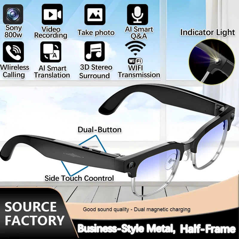 IP65 AI Smart Glasses 800MP HD Camera Take Video Photo Bluetooth Call Voice Assistant Music Player Smart Translation Sunglasses