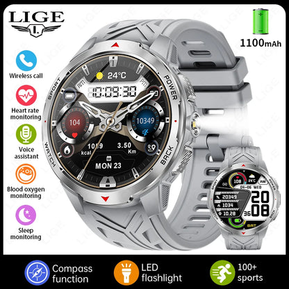 LIGE New 1100mAh Large Capacity Battery Smart Watch Men Sports LED Flashlight Compass 3ATM Waterproof Bluetooth Call Smartwatch