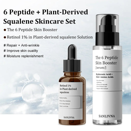 Sanlivna Korean Skincare 6 Peptide + 1% Retinol Duo - Plant Squalene Set for Wrinkles & Hydration