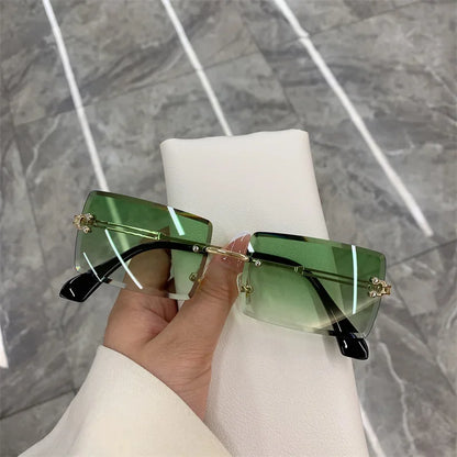 Vintage Fashion Rimless Sunglasses for Women Frameless Rectangle Shades Gradient UV400 Summer Traveling Sun Glasses for Womenn