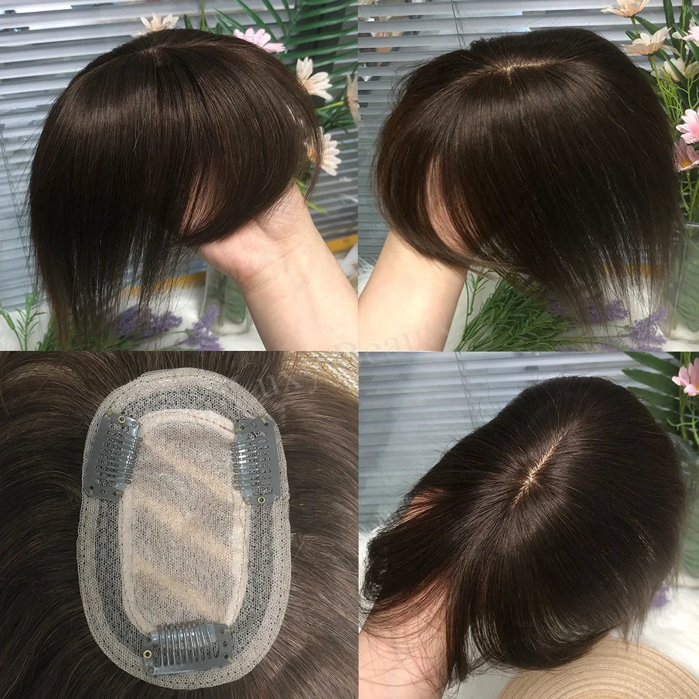 Natural Brown Human Hair Topper With Bangs Women 8X12cm Black Highlights Blonde Skin Scalp Clip in Topper Hair Pieces Human Hair