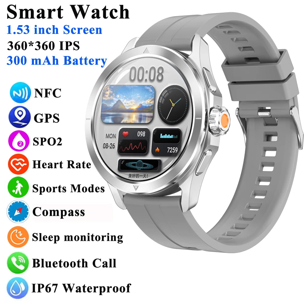 1.53" Outdoor Sports Smart Watch Men NFC GP Compass Heart Rate Blood Oxygen Waterproof Bluetooth Call Smartwatch for IOS Android