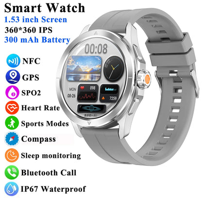 1.53" Outdoor Sports Smart Watch Men NFC GP Compass Heart Rate Blood Oxygen Waterproof Bluetooth Call Smartwatch for IOS Android