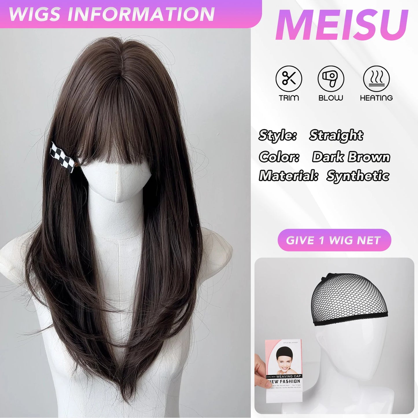 MEISU 24 Inch Synthetic Long Straight Bangs Wig Platinum Layered Fiber Heat-Resistant Natural Smooth Hair Party For Women