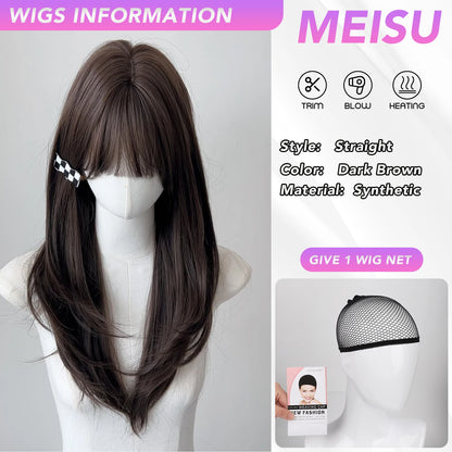 MEISU 24 Inch Synthetic Long Straight Bangs Wig Platinum Layered Fiber Heat-Resistant Natural Smooth Hair Party For Women