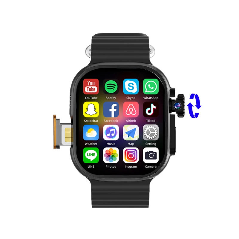 New Ultra Smart Watch 4G SIM Card 2.06''AMOLED Screen GPS WIFI 190°Rotating Camera Video Call Google Play Android Smartwatch