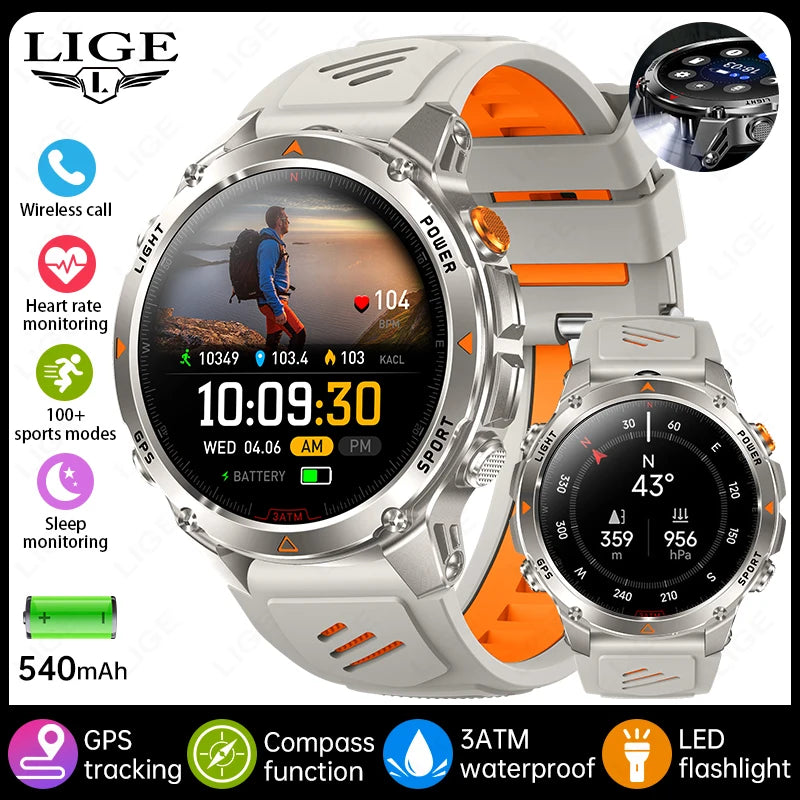 LIGE Outdoor Military Smart Watch Men 1.46" HD Screen Built-in GPS Compass Altimeter 3ATM Waterproof Clock BT Call SmartWatches