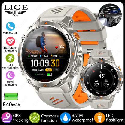 LIGE Outdoor Military Smart Watch Men 1.46" HD Screen Built-in GPS Compass Altimeter 3ATM Waterproof Clock BT Call SmartWatches