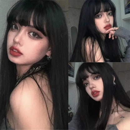 28in Long Black Straight Wig with Air Bangs for Women Heat Resistant Fashion Elegant Synthetic Wig for Cosplay and Daily Party