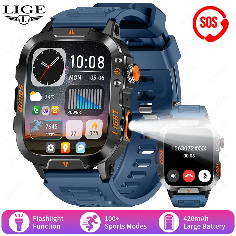 LIGE New Military Smart Watch Men Waterproof Outdoor Sports Tracker LED Flashlight Bluetooth Call Men Smartwatch For Android iOS