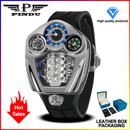 NEW PINDU Design Engine Series Quartz Watch Men TOP-luxurious Stainless steel Compass Waterproof Swiss quartz 762 movement watch