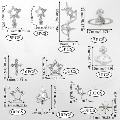 75PCS Cross Nail Charms Silver 3D Star Charms and Gems Saturn Planet Nail Art Jewelry Multi Style Nail Rhinestones for Nails