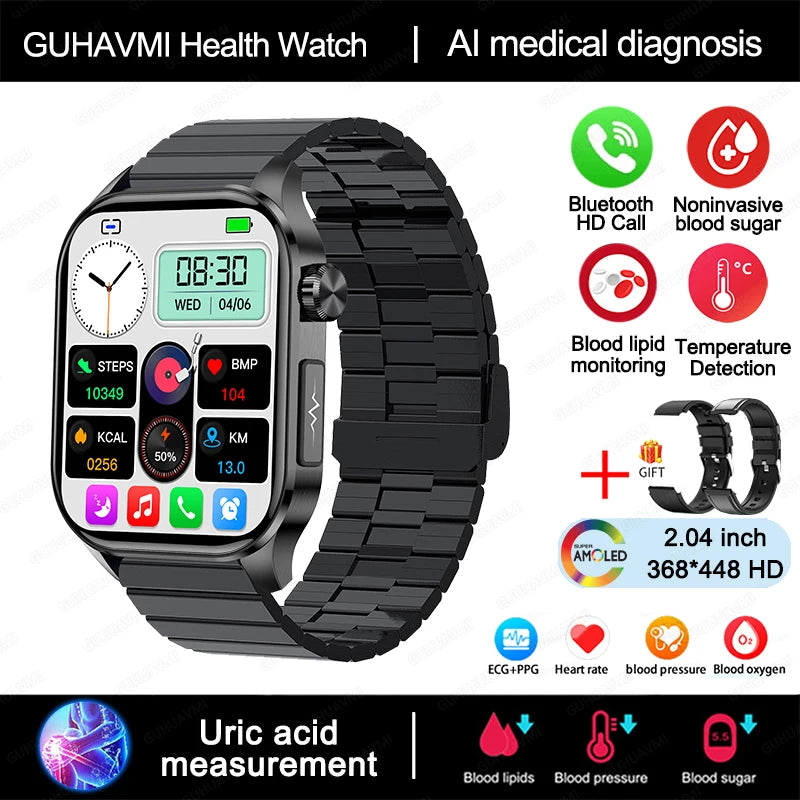 New Blood Glucose Health Smartwatch Men ECG+PPG Blood Pressure Lipids Uric Acid Sport Bluetooth Call IP67 Waterproof Smart Watch