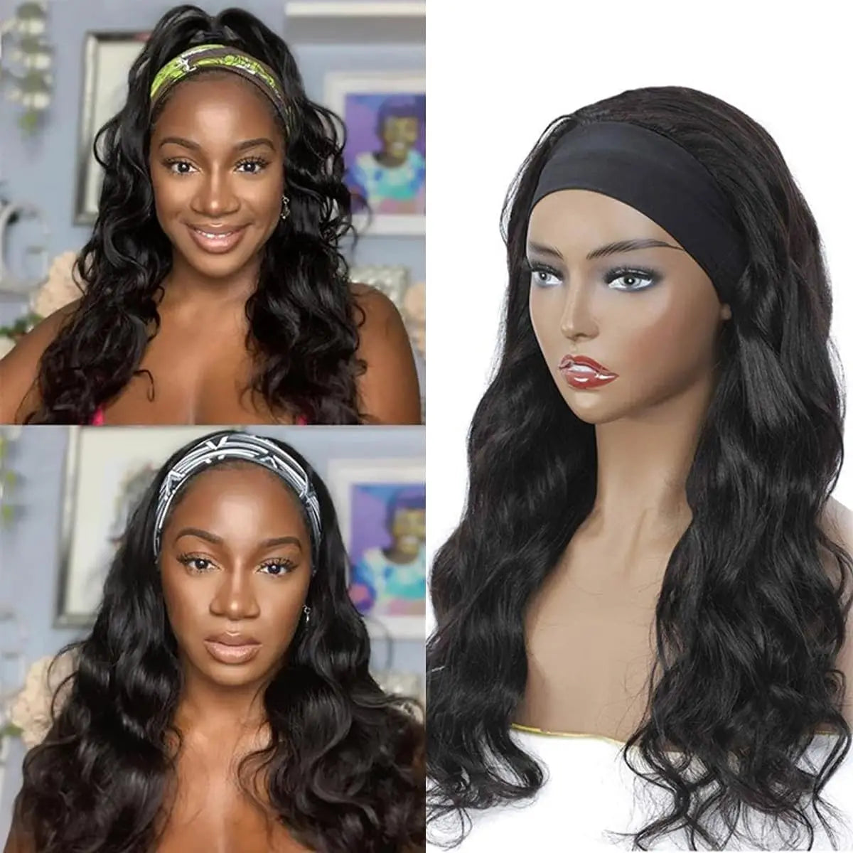 Synthetic Body Wave Headband Wig for Black Women Long Heat Resistant Curly Wavy Head Band Wigs for Daily Use (1B)