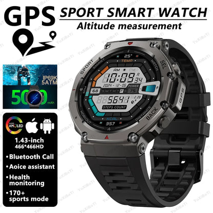 2025 Military Smart Watch for Men Bluetooth Call 5ATM Waterproof Built-in GPS Compass Barometric Altimeter Sports Watches