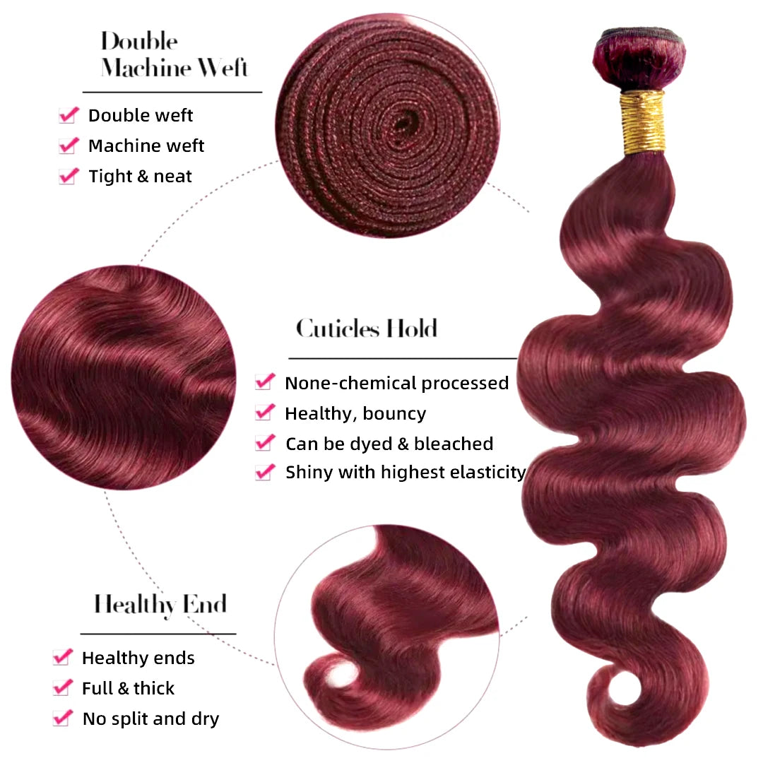 99J Human Hair Bundles Wine Red Bundles Burgundy Body Wave Human Hair Bundles Brazilian Unprocessed Virgin Hair Burgundy Bundles