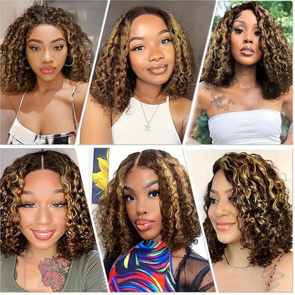 Highlight P4/27 Water Wave 13x4 Brown Blonde Color 210% Short Bob Pre Plucked Wigs Transparent Lace Human Hair Wigs For Women