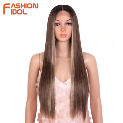 FASHION IDOL 13X4 Lace Front Wig For Women 32 Inch Heat Resistant Fiber Straight Wigs Blonde Natural Synthetic Wigs Cosplay Hair