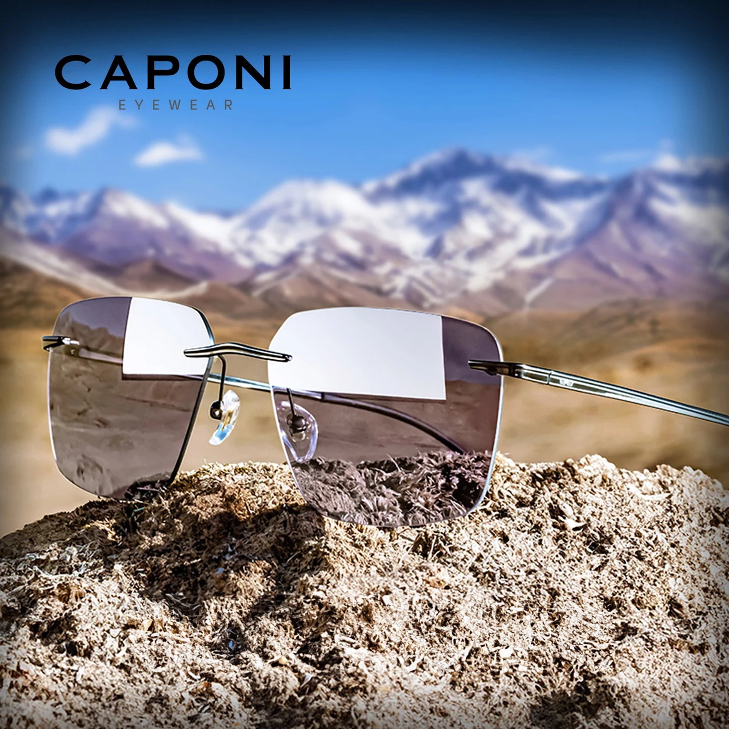 CAPONI Pure Titanium Photochromic Sunglasses Rimless Polarized Driving Men's Sun Glasses Ultra Light UV400 Brand Shades BS28923