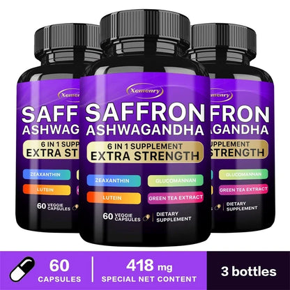 Saffron Supplement Glucomannan Ashwagandha Green Tea Extract Lutein and Zeaxanthin Extract Capsules - Improves Mood and Vision
