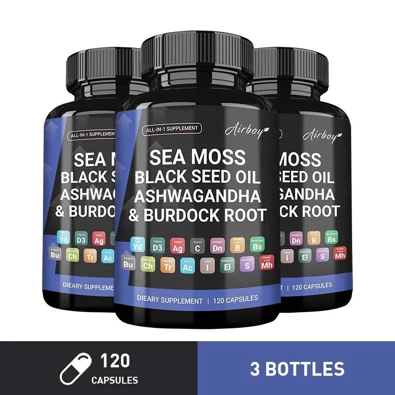 Sea Moss,Black Seed Oil,Ashwagandha & Burdock Root - Promotes Digestion, Bone and Joint Health