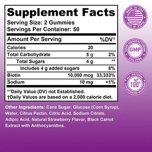 Biotin Gummies 10000mcg - Supports Healthy Hair, Skin and Nails, Boosts Immunity, and Improves Digestion and Absorption