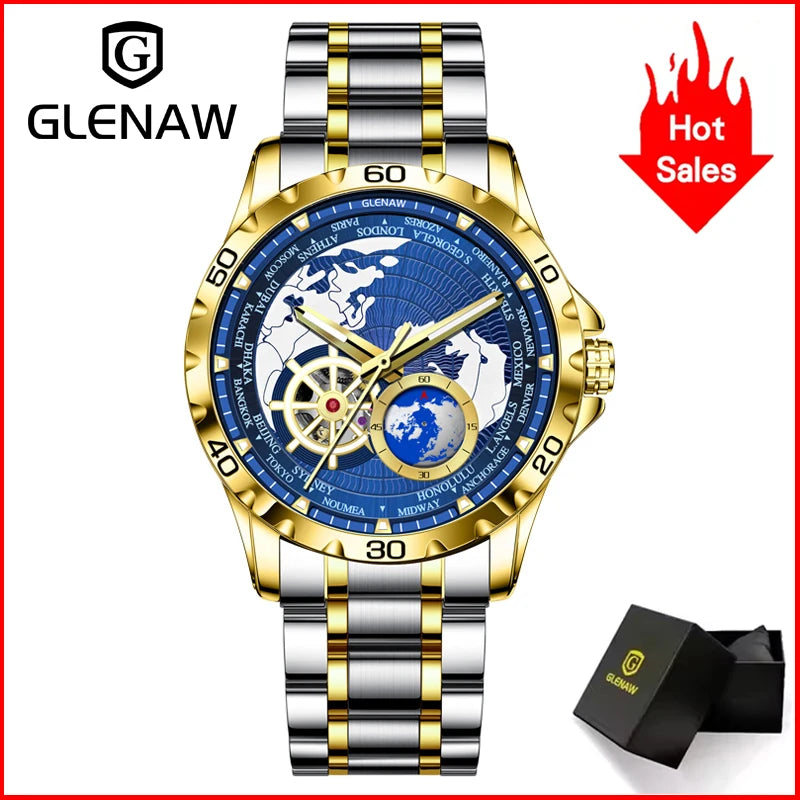 GLENAW 2025 New Earth Series Mechanical Watch Men Rotating Earth Dial Night Light Waterproof Top Luxury Design Mechanical Watch