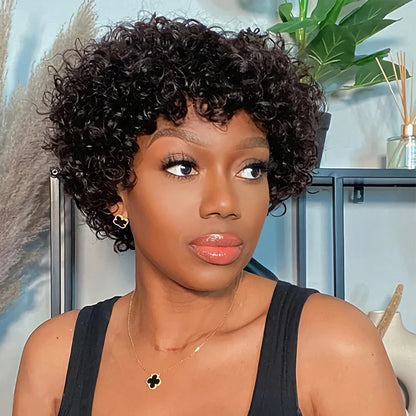 8 Inch Short Pixie Curly Bob Wig with Bangs Brazilian Human Hair Bouncy Curl Wig for Women Ready to Go Wig