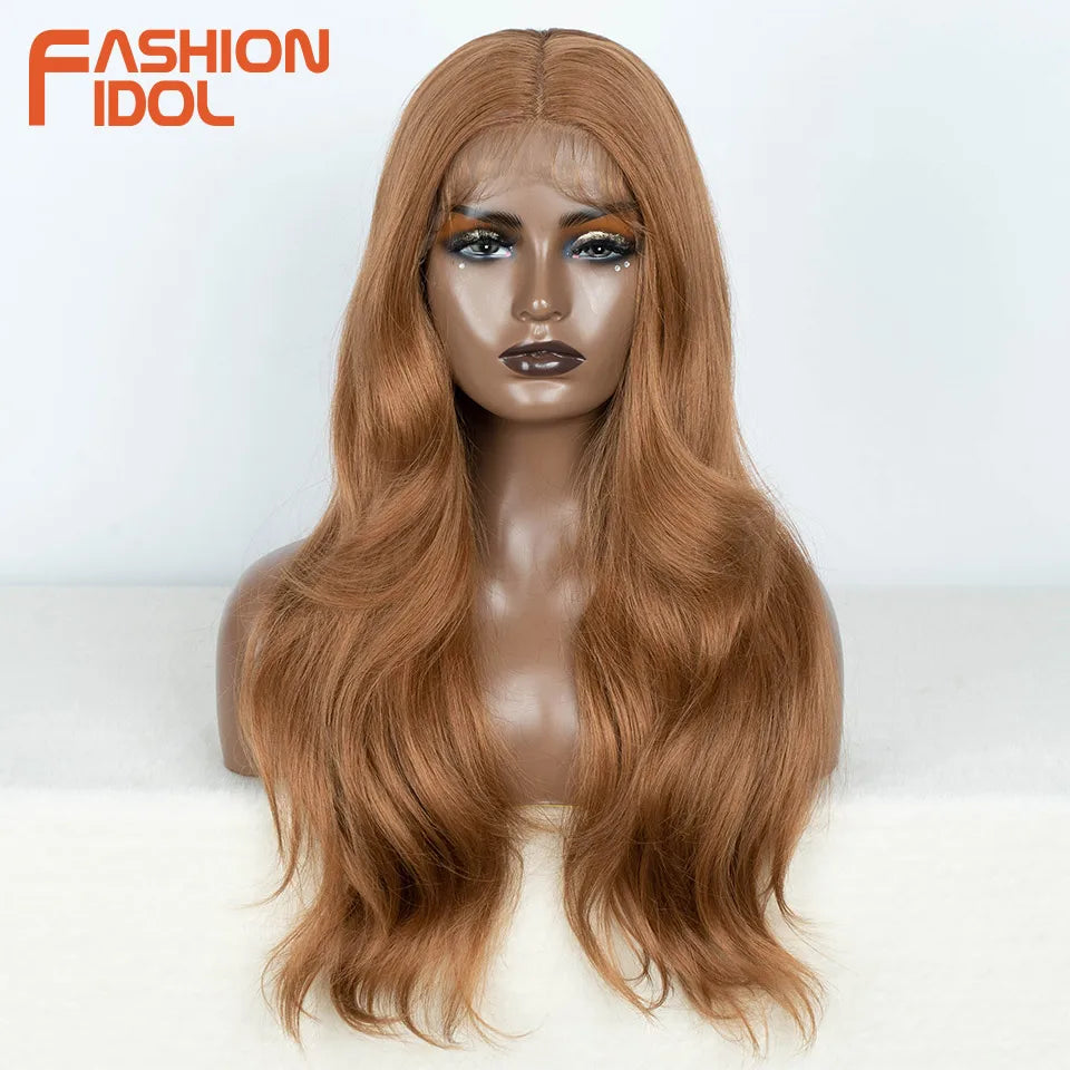 FASHION IDOL 24 inch Lace Front Wigs For Women Synthetic Wigs With Baby Hair Wigs Ombre Brown Blonde Straight Lace Wigs Cosplay
