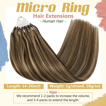 VeSunny Remy Micro Loop Human Hair Extensions Micro Beads Hair Silky Soft Micro Ring Hair Extensions 1g/strand 50g