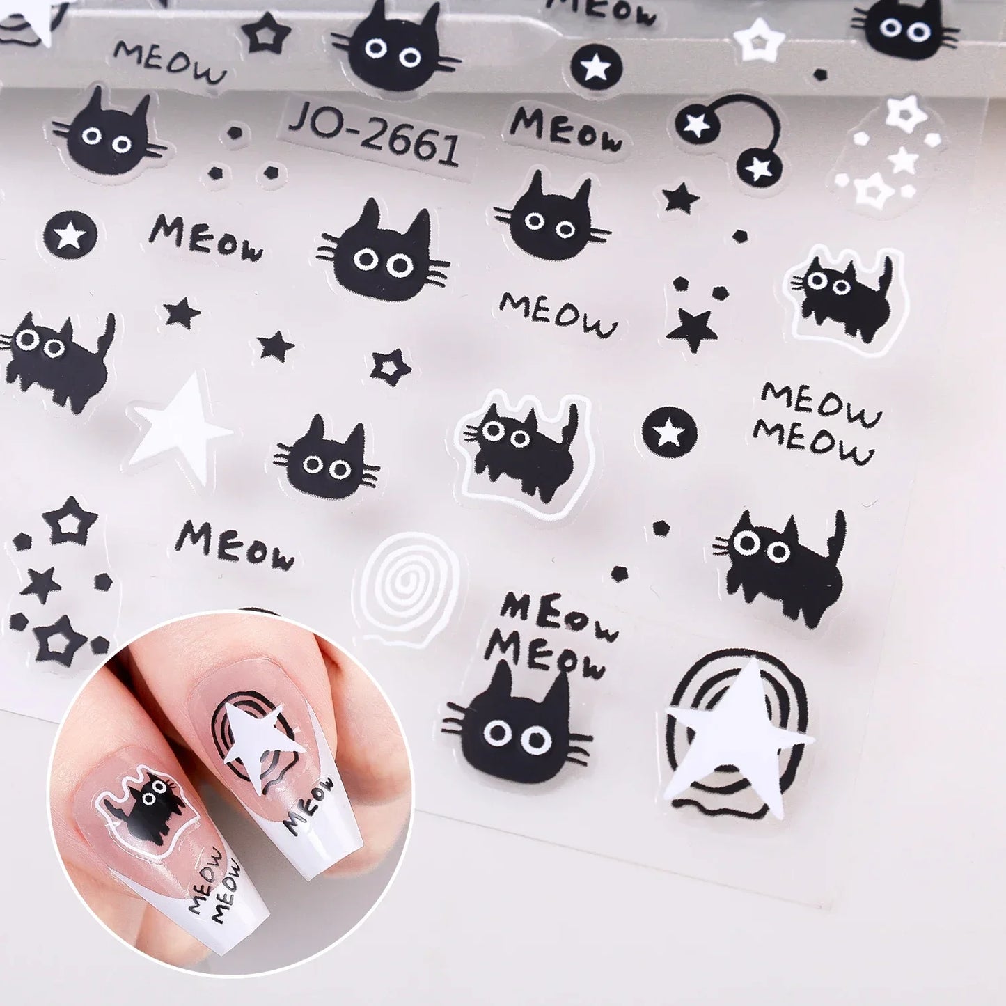1-10PCS Y2K Black Cat Nail Stickers Kawaii Cartoon Animal Paw Sliders Nail Arts 3D Silver Stars Letters Manicure Decals Tools