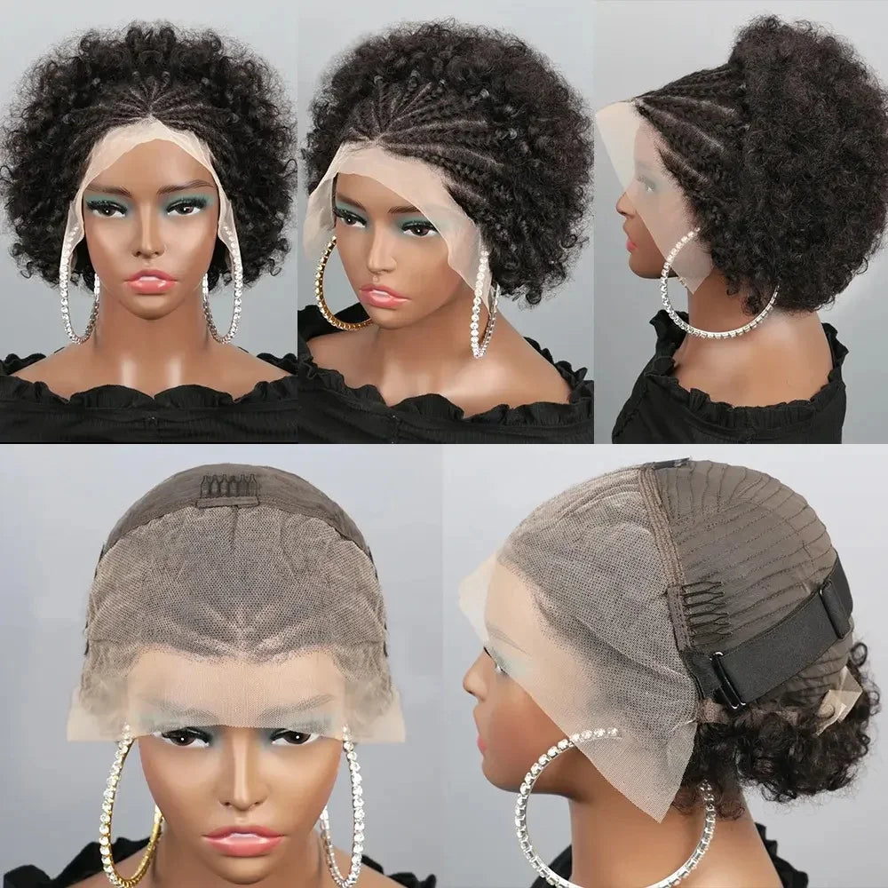 Afro Kinky Curly Braid Wigs Human Hair 13x4 HD Lace Front Glueless Pixie Cut Pre Made Braided Cornrow Afro Puff Wig For Women