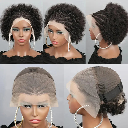 Afro Kinky Curly Braid Wigs Human Hair 13x4 HD Lace Front Glueless Pixie Cut Pre Made Braided Cornrow Afro Puff Wig For Women