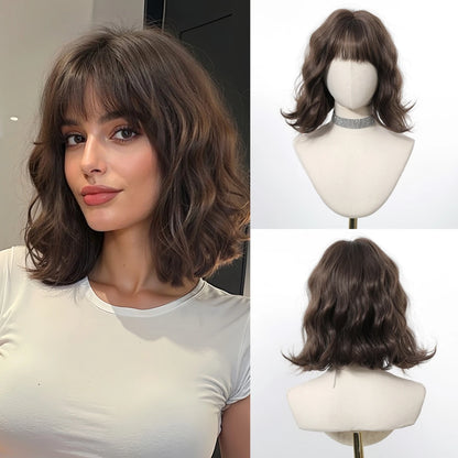 12 Inch Brown Bob Natural Wig Synthetic Cute Hair Short Wavy Curly Wig With Bangs For Women Daily Party Use Heat Resistant Fiber