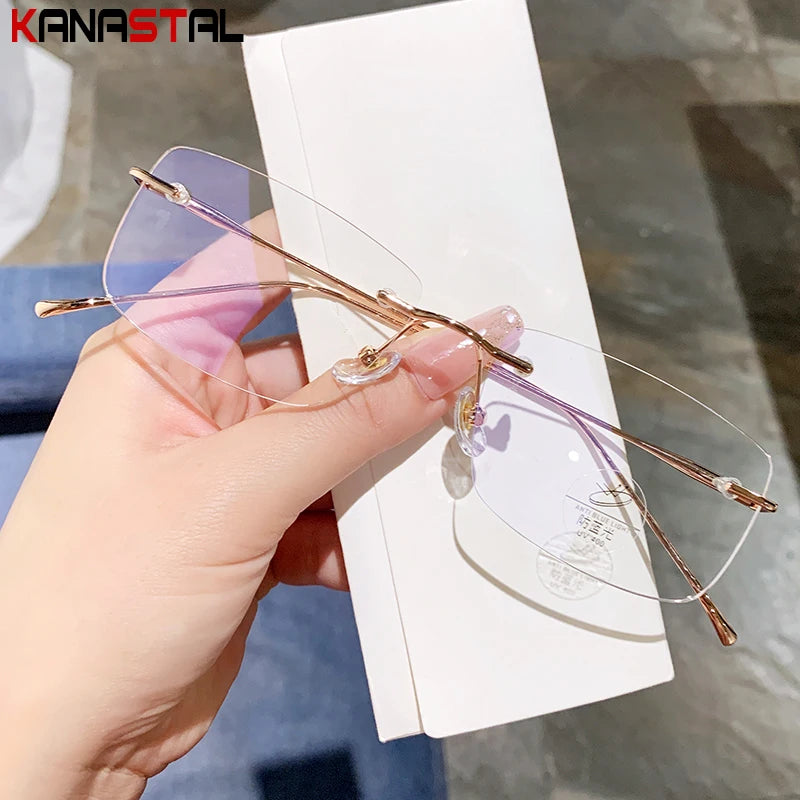 Men Rimless Prescription Glasses Reading Myopia Optical Lenses Eyewear Women Blue Light Blocking Titanium Metal Eyeglasses Frame