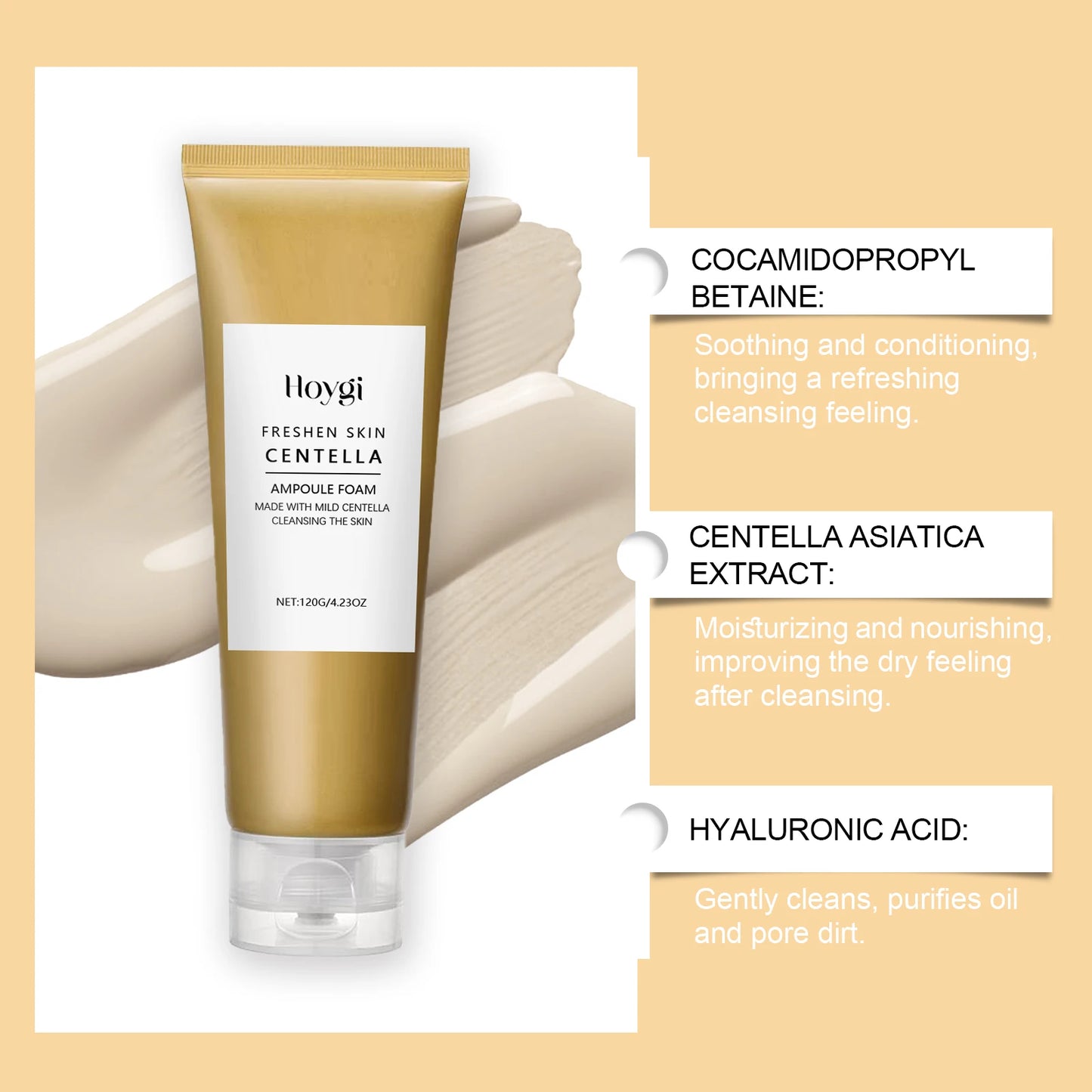 Hoygi Centella Cleanser Soothing Face Wash with Hyaluronic Acid Gentle Foam for Sensitive Skin Refines Pores Appearance Balanced