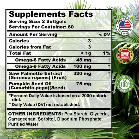 Saw Palmetto Capsules - with Pumpkin Seed Oil - Promotes Prostate Health, Urinary Tract Support, Relieves Hair Loss