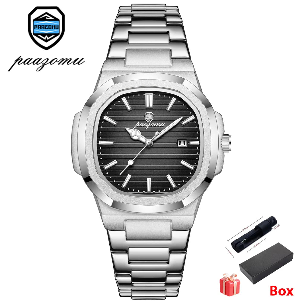 POEDAGAR Luxury Men's Quartz Watch - Waterproof Stainless Steel High Quality Fashion Clock with Date And Week Display Reloj+Box