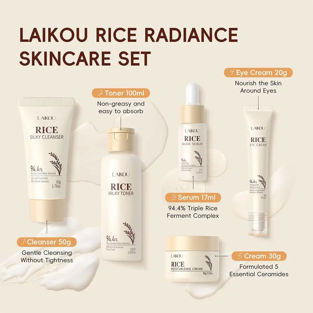 5PCS Rice Extract Skincare Set Moisturizing Facial Care Kit Cleanser Toner Serum Essence Eye Cream for Hydrating Glowing Skin